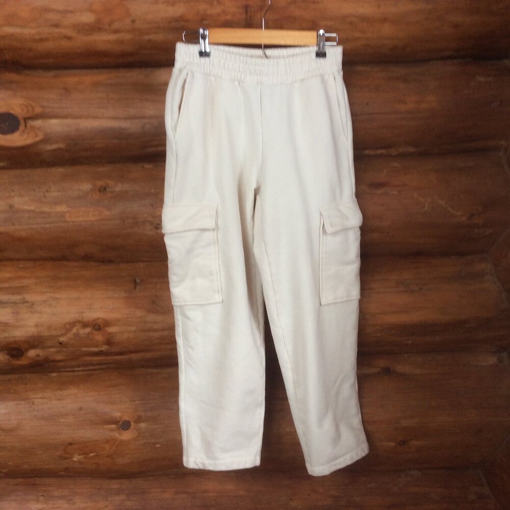 Madewell Brushed Antique Cream Cargo High Rise Crop Relaxed Sweatpants Sz Small
